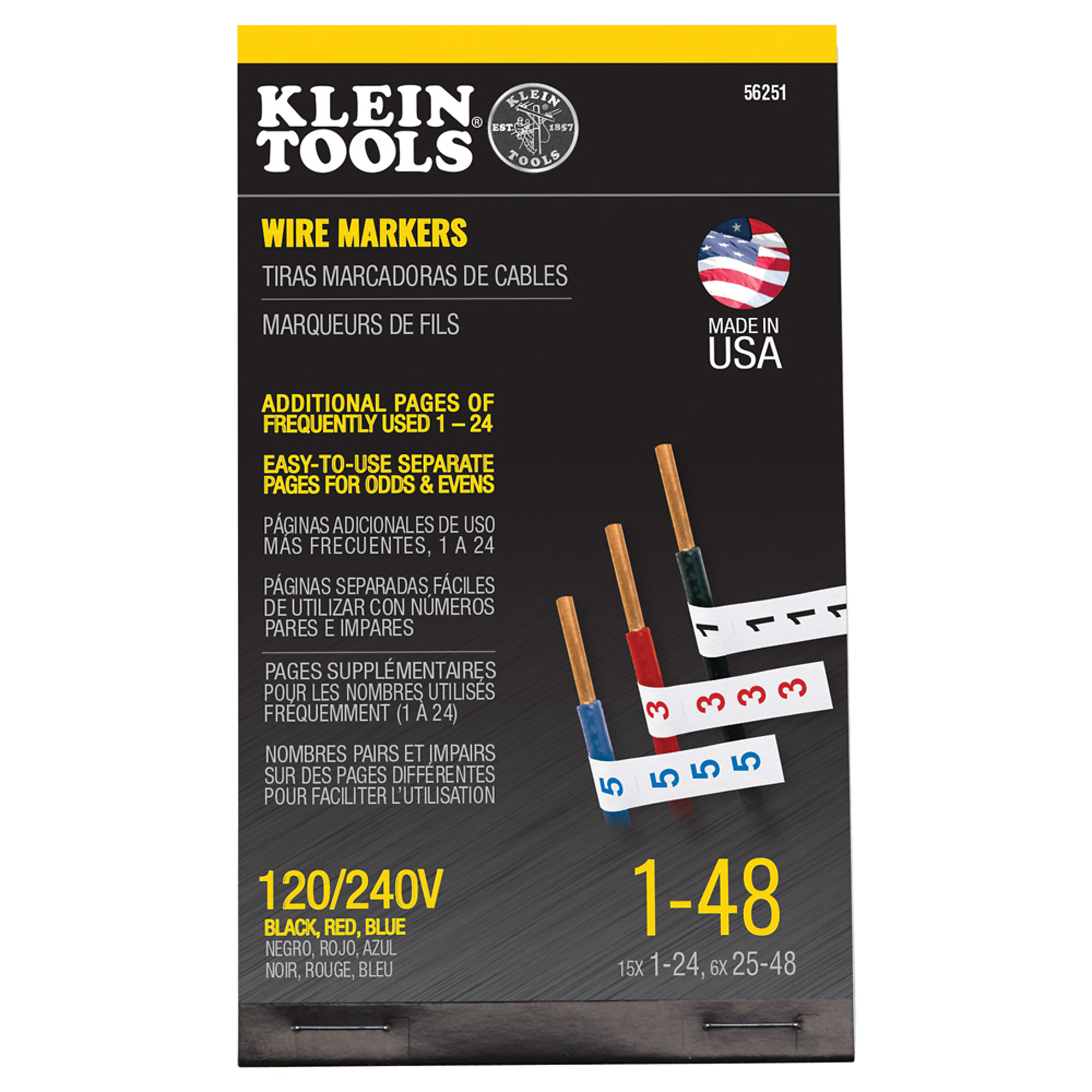 Klein Tools Wire Marker Book — 120/240V, 3 Phase, 1-48, Vinyl Coated Cloth, Model# 56251